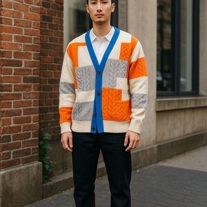 Country of Origin Intarsia Cable Knit Cardigan in Ecru